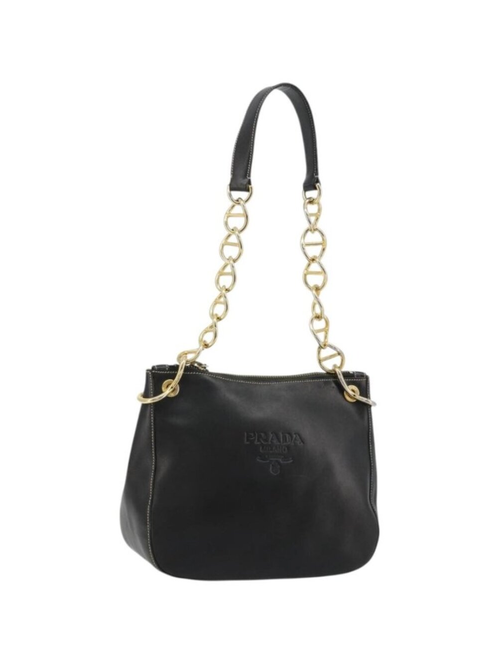 PRADA Chain Shoulder Bag Leather Black Gold